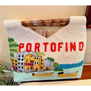 NTW Portofino Beaded Handbag Wood Bamboo Handle Italian Coastal Scene